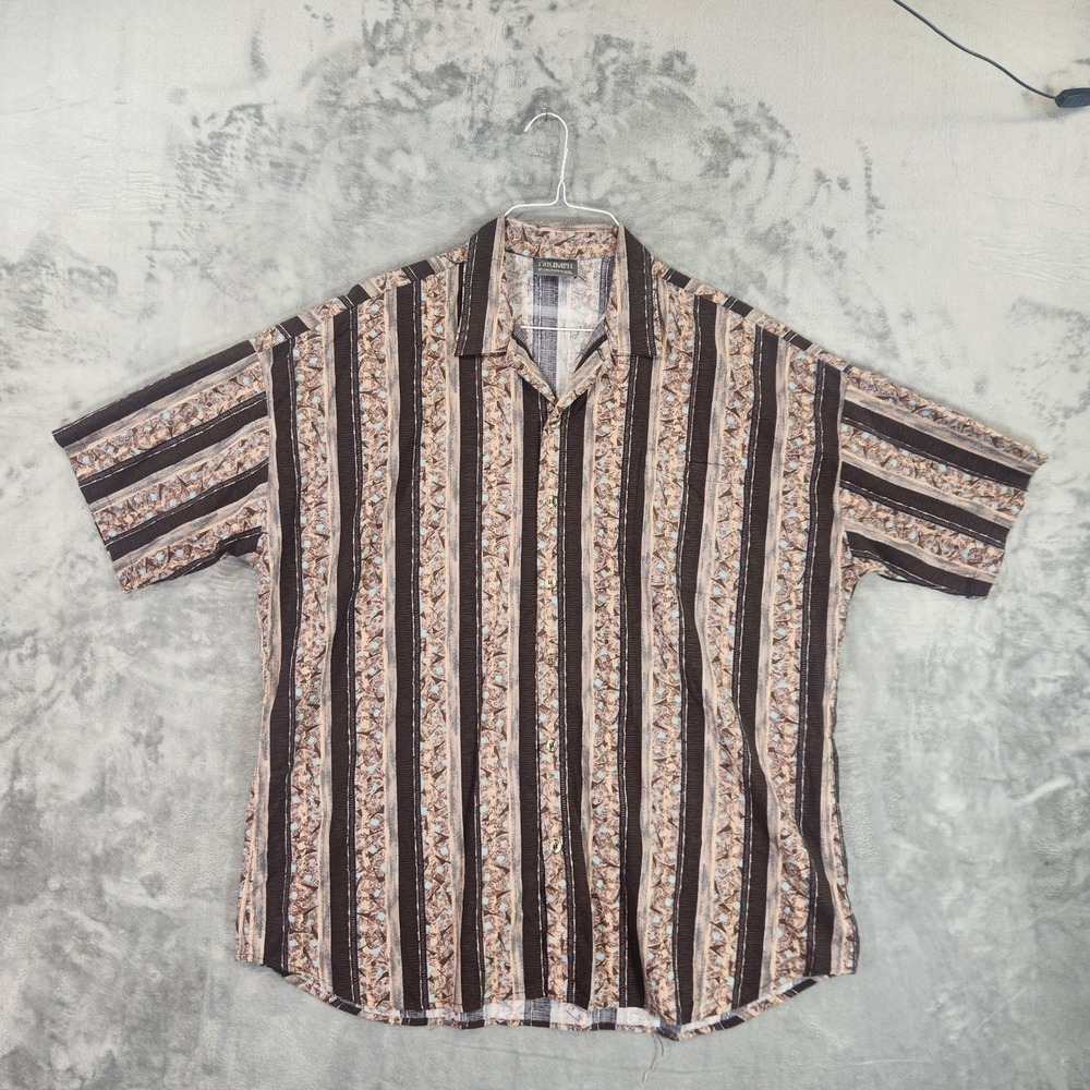Triumph of California Button Down Shirt Mens XXL Brown Striped Good Short Sleeve
